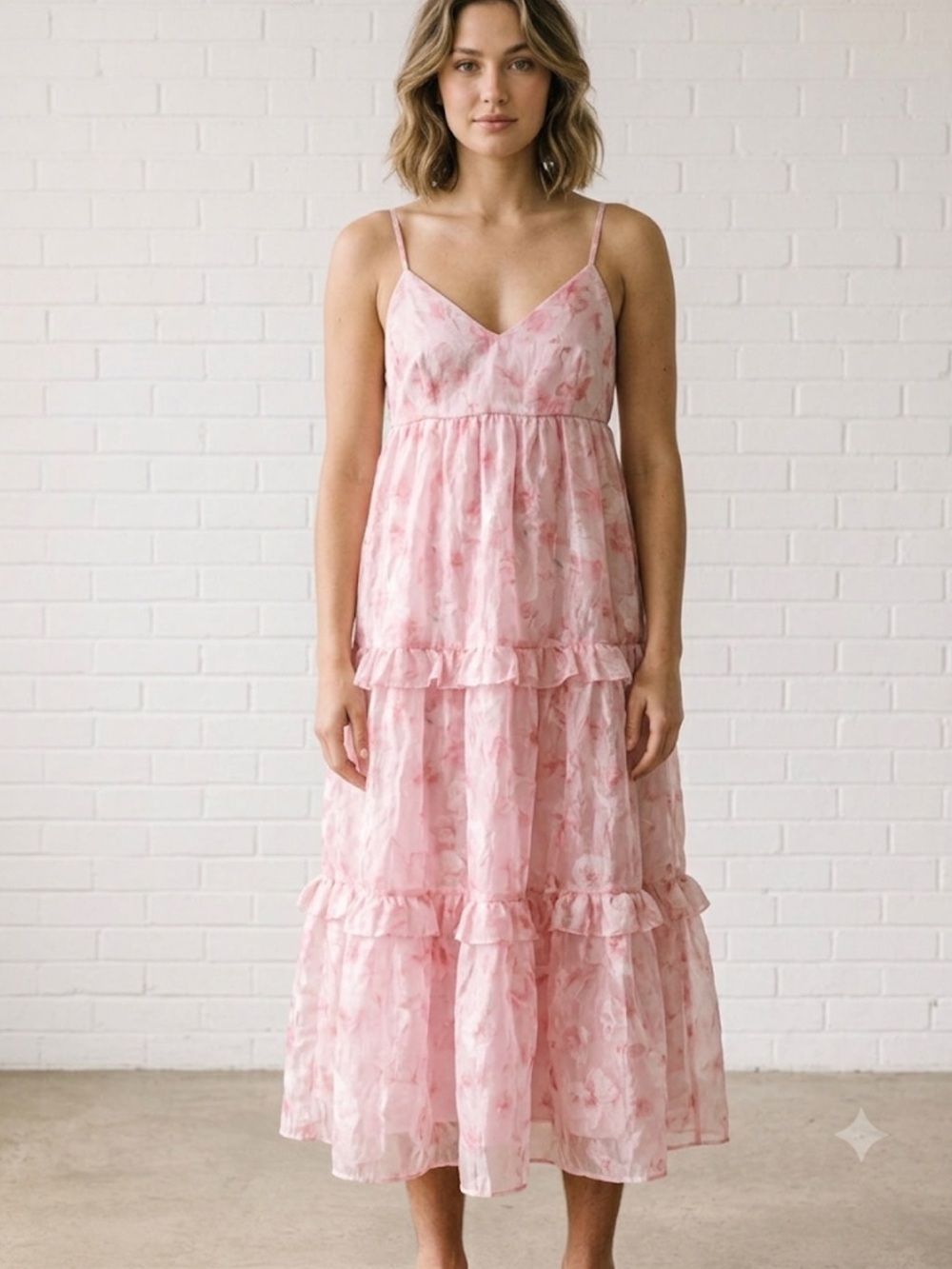 Lulus Pink Floral Tiered Midi Dress – Size M | Cottagecore Sleeveless Pink Mesh